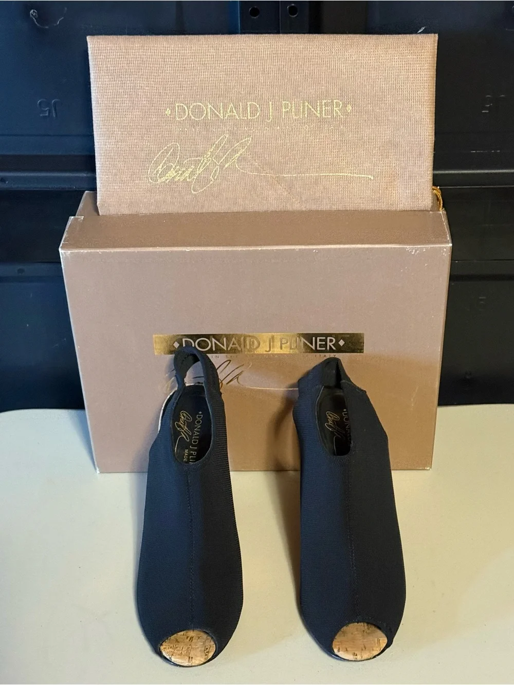 Donald J. Pliner “Portia-BCW” Black Cork Wedge Peep-Toe Slingback Sandals Sleek
